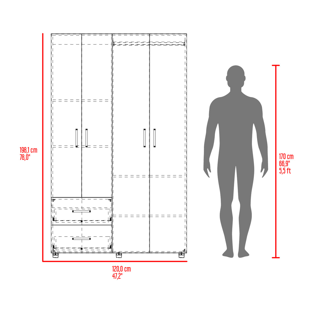 Closet Barilo Fresno Europeo y Wengue 120x200cm Con Dos Cajones y Cuatro Entrepaños - CLOSETS | Bylmo