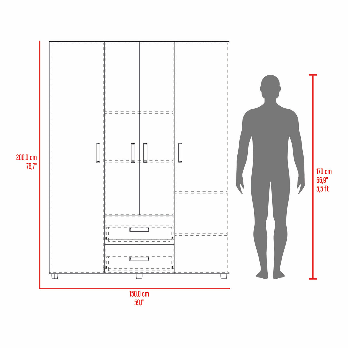 Closet Barilo Wengue 150x200cm Con Dos Cajones y Cuatro Entrepaños - CLOSETS | Bylmo