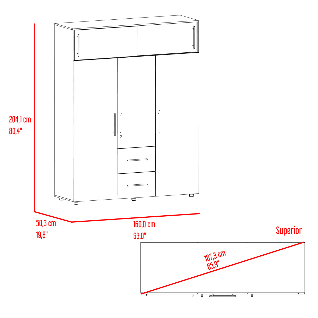 Closet Bigaf Bardolino y Blanco 160x204cm Con Tres Cajones y Cuatro Entrepaños - CLOSETS | Bylmo