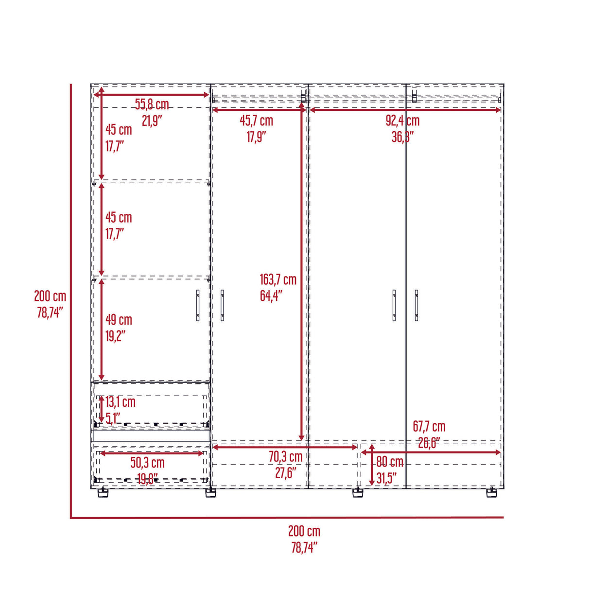 Closet Dassel Nogal y Wengue 200x200cm Con Dos Cajones y Tres Entrepaños - CLOSETS | Bylmo