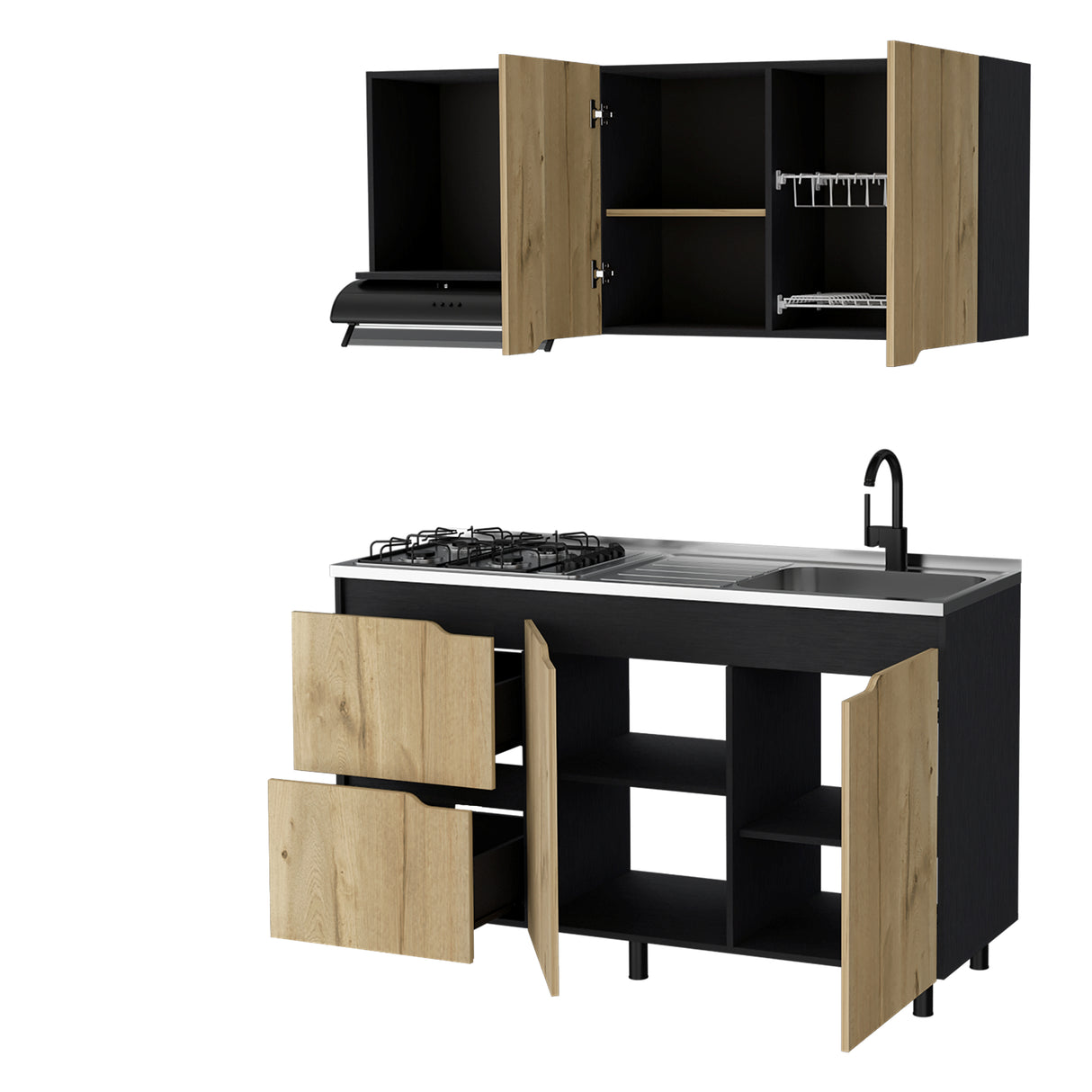 Cocina Maui Duna y Wengue 150x60cm Con Mesón Estufa y Pozuelo Perforacion Derecha - COCINAS | Bylmo