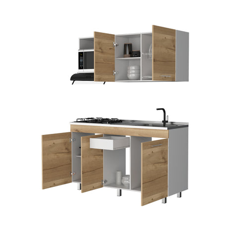 Cocina Miro Eco Duna y Blanco 150x60cm Con Mesón Estufa y Pozuelo Perforacion Derecha - COCINAS | Bylmo