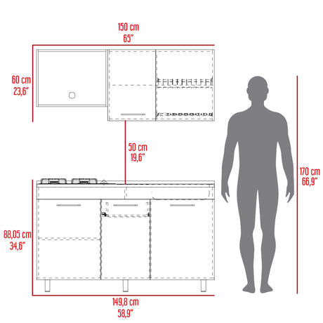 Cocina Miro Eco Duna y Blanco 150x60cm Con Mesón Estufa y Pozuelo Perforacion Derecha - COCINAS | Bylmo