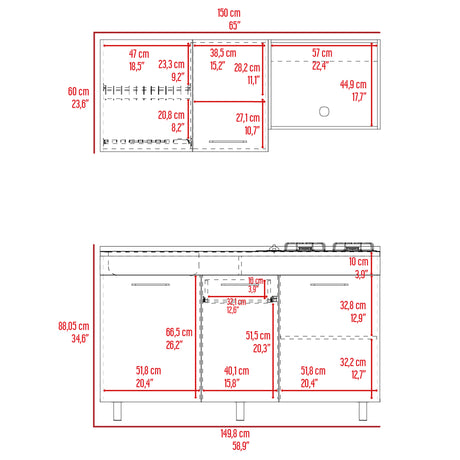 Cocina Miro Ceniza y Blanco 150x60cm Con Mesón Estufa y Pozuelo Perforacion Izquierda - COCINAS | Bylmo