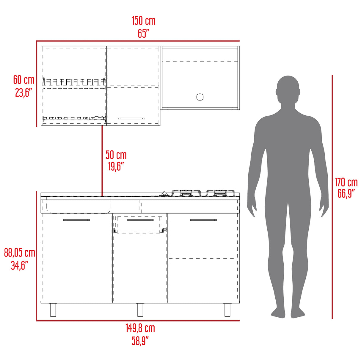 Cocina Miro Ceniza y Blanco 150x60cm Con Mesón Estufa y Pozuelo Perforacion Izquierda - COCINAS | Bylmo