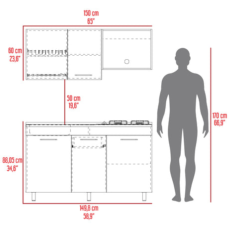 Cocina Miro Ceniza y Blanco 150x60cm Con Mesón Estufa y Pozuelo Perforacion Izquierda - COCINAS | Bylmo