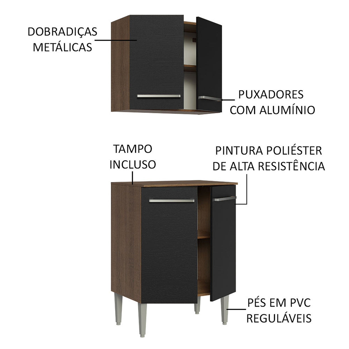 Cocina Emilly Marron y Negro 64x186cm con Mesón y sin Pozuelo - COCINAS | Bylmo