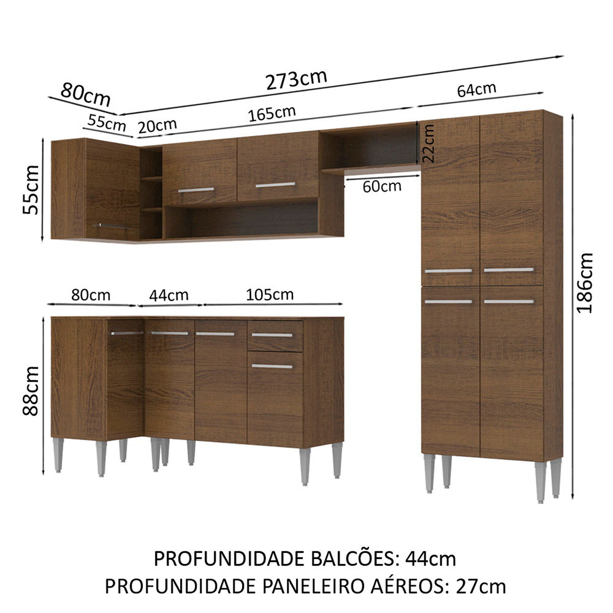 Cocina Integral Emilly Sun Marron 353x186cm con Mesón y sin Pozuelo - COCINAS | Bylmo