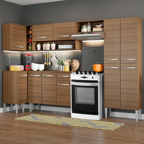 Cocina Integral Emilly Sun Marron 353x186cm con Mesón y sin Pozuelo - COCINAS | Bylmo