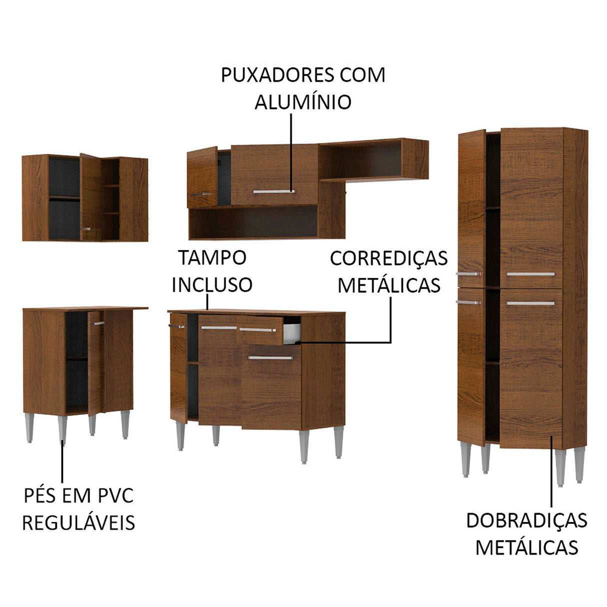 Cocina Integral Emilly Sun Marron 353x186cm con Mesón y sin Pozuelo - COCINAS | Bylmo