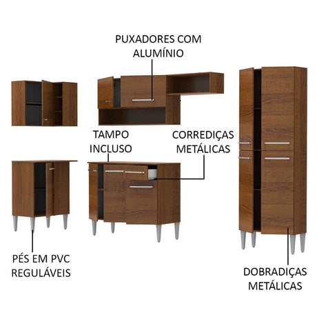 Cocina Integral Emilly Sun Marron 353x186cm con Mesón y sin Pozuelo - COCINAS | Bylmo