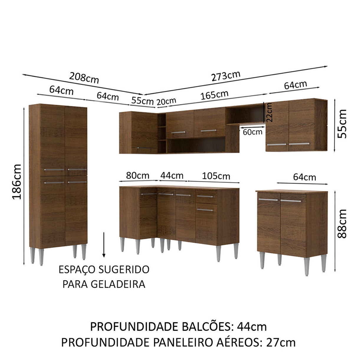 Cocina Integral Emilly Moon Marron 481x186cm con Mesón y sin Pozuelo - COCINAS | Bylmo
