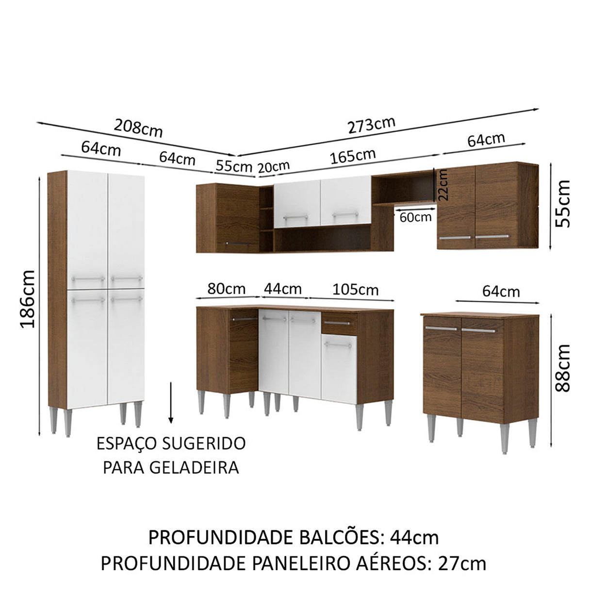 Cocina Integral Emilly Moon Blanco y Marron 481x186cm con Mesón y sin Pozuelo - COCINAS | Bylmo
