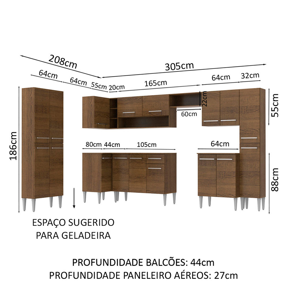 Cocina Integral Emilly Live Marron 513x186cm con Mesón y sin Pozuelo - COCINAS | Bylmo