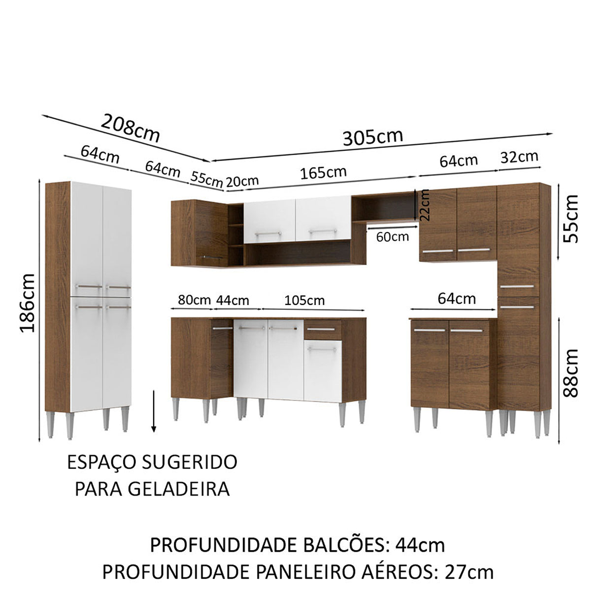 Cocina Integral Emilly Live Blanco y Marron 513x186cm con Mesón y sin Pozuelo - COCINAS | Bylmo