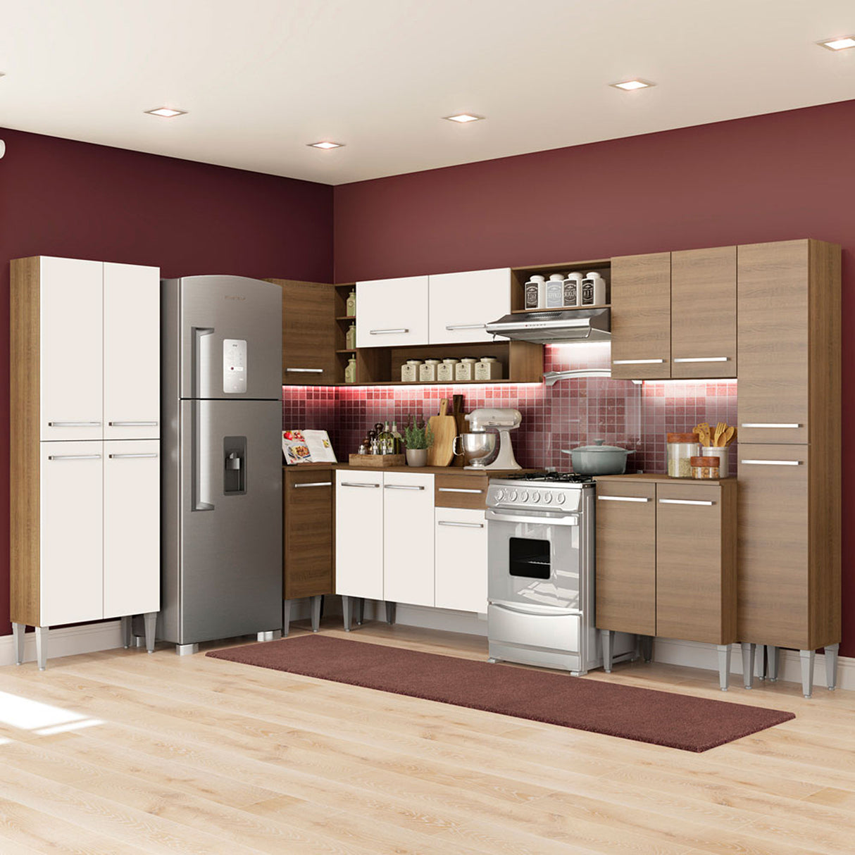 Cocina Integral Emilly Live Blanco y Marron 513x186cm con Mesón y sin Pozuelo - COCINAS | Bylmo