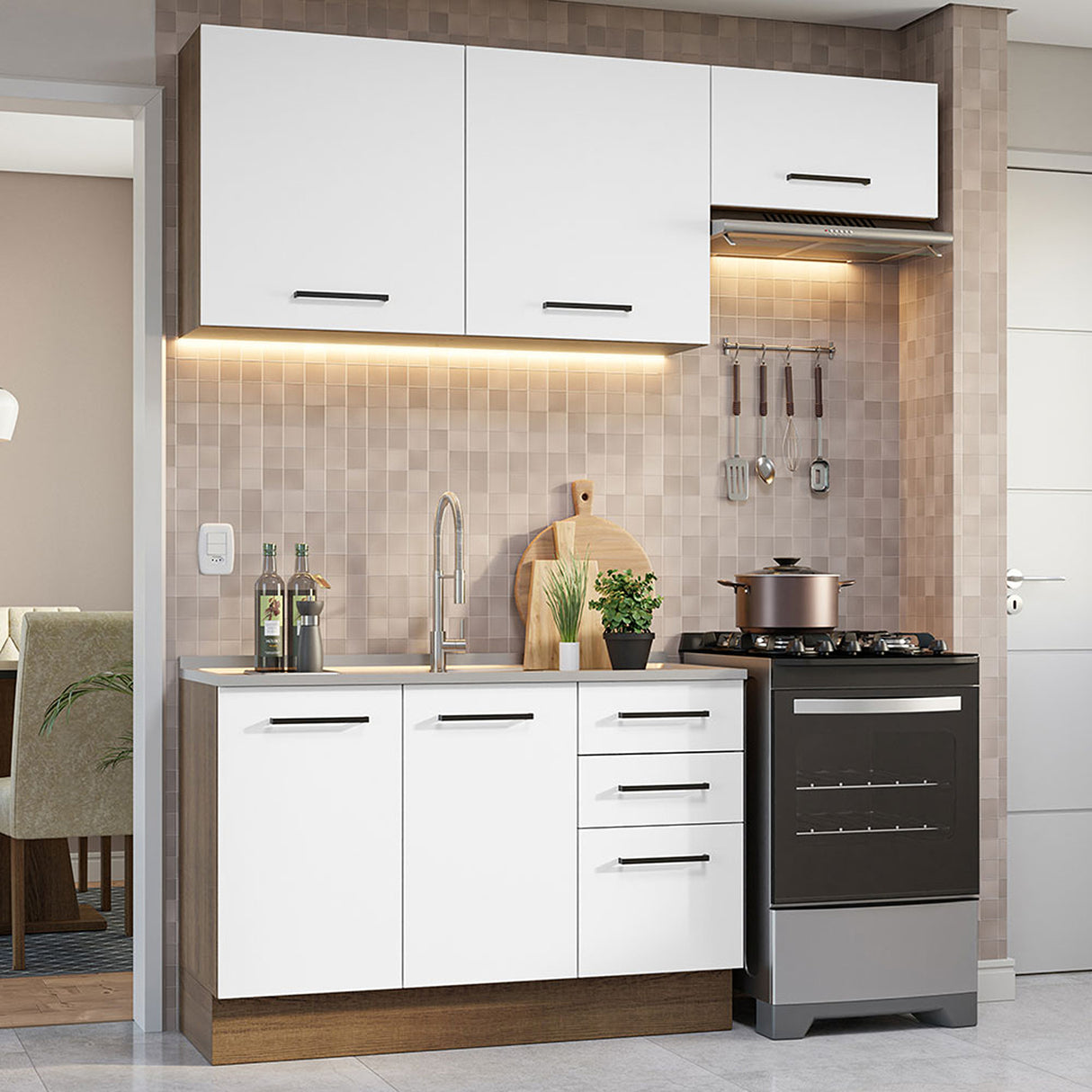 Cocina Integral Agata Marron y Blanco 180x225cm con Mesón y con Pozuelo - COCINAS | Bylmo