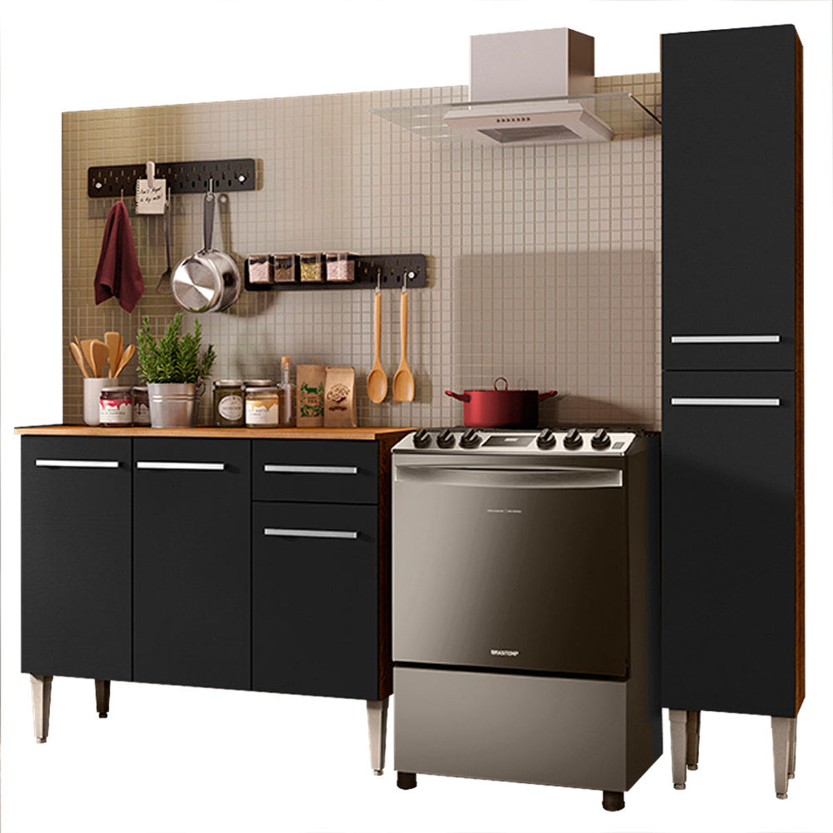 Cocina Integral Emilly Silver Marron y Negro 137x186cm con Mesón y sin Pozuelo - COCINAS | Bylmo