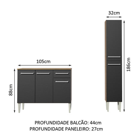 Cocina Integral Emilly Silver Marron y Negro 137x186cm con Mesón y sin Pozuelo - COCINAS | Bylmo