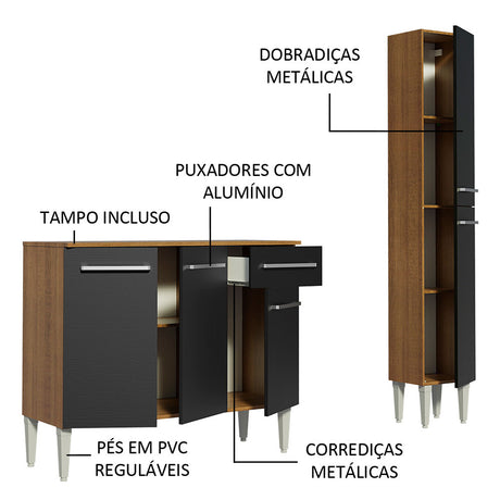 Cocina Integral Emilly Silver Marron y Negro 137x186cm con Mesón y sin Pozuelo - COCINAS | Bylmo