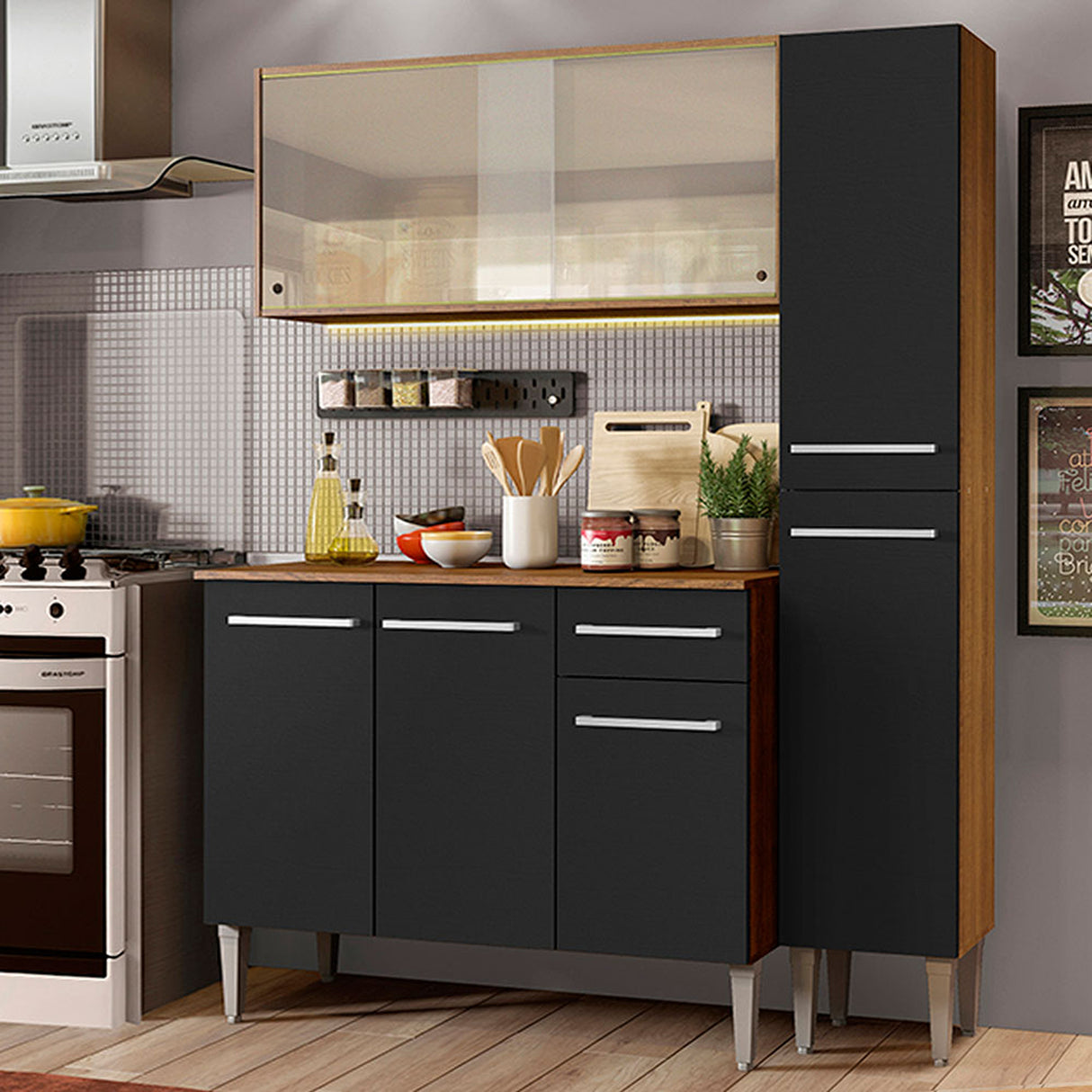 Cocina Integral Emilly Force Marron y Negro 137x186cm con Mesón y sin Pozuelo - COCINAS | Bylmo