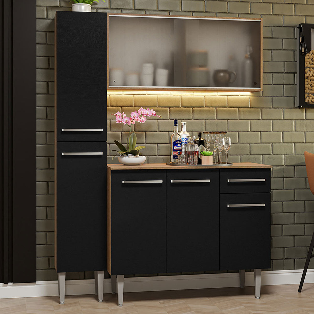 Cocina Integral Emilly Marron y Negro 137x186cm con Mesón de Madera sin Pozuelo y Siete Puertas - COCINAS | Bylmo