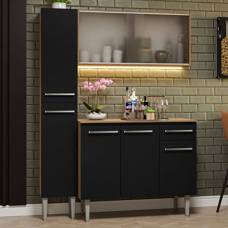 Cocina Integral Emilly Marron y Negro 137x186cm con Mesón de Madera sin Pozuelo y Siete Puertas - COCINAS | Bylmo