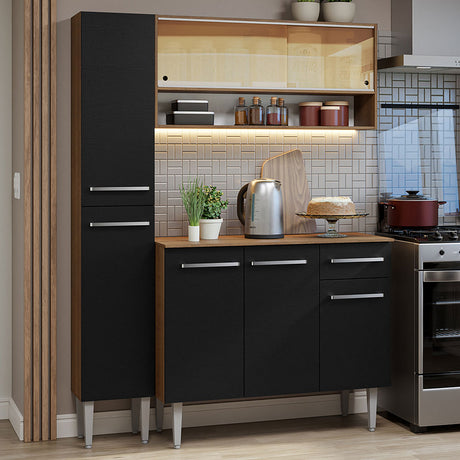 Cocina Integral Emilly Marron y Negro 137x186cm con Mesón de Madera sin Pozuelo y Un Cajón - COCINAS | Bylmo