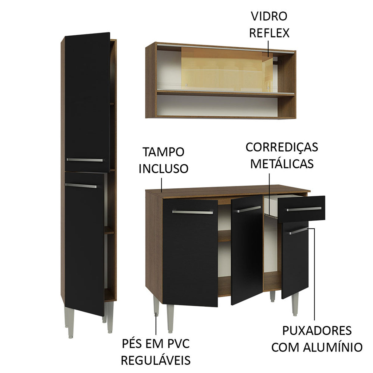 Cocina Integral Emilly Marron y Negro 137x186cm con Mesón de Madera sin Pozuelo y Un Cajón - COCINAS | Bylmo