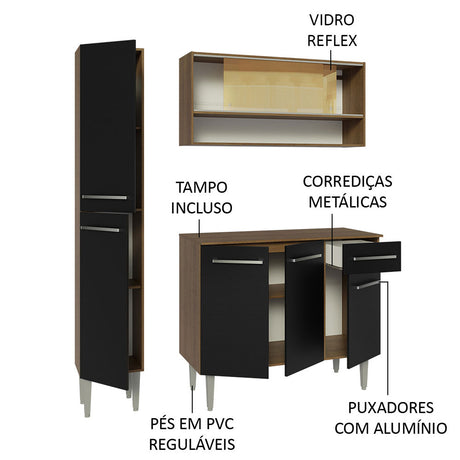 Cocina Integral Emilly Marron y Negro 137x186cm con Mesón de Madera sin Pozuelo y Un Cajón - COCINAS | Bylmo