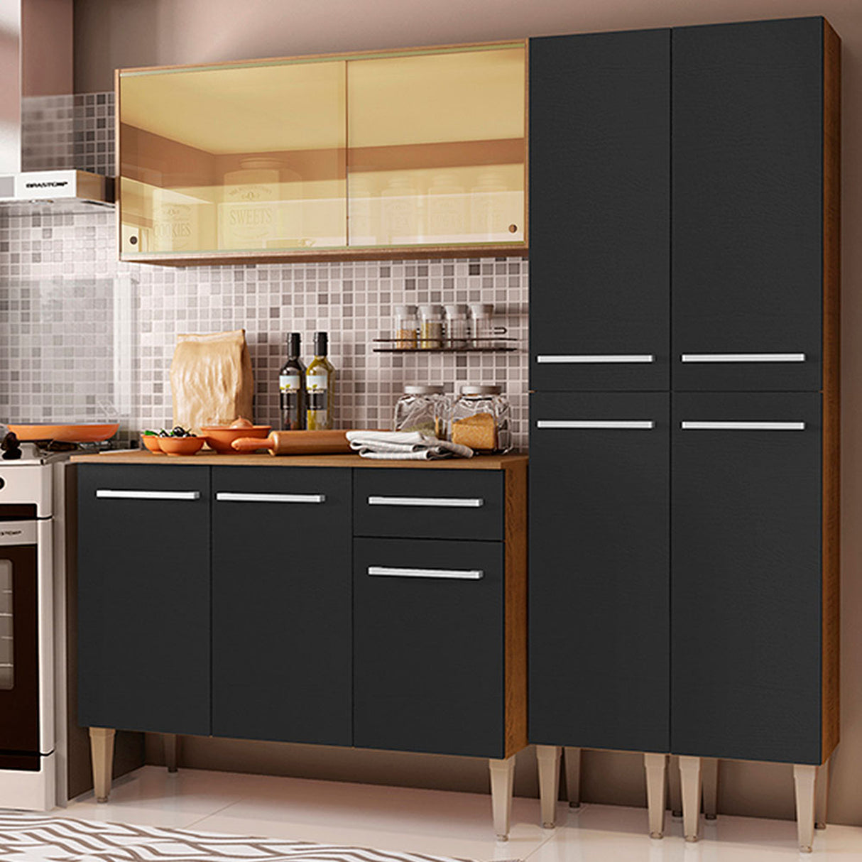 Cocina Integral Emilly Voice Marron y Negro 169x186cm con Mesón y sin Pozuelo - COCINAS | Bylmo
