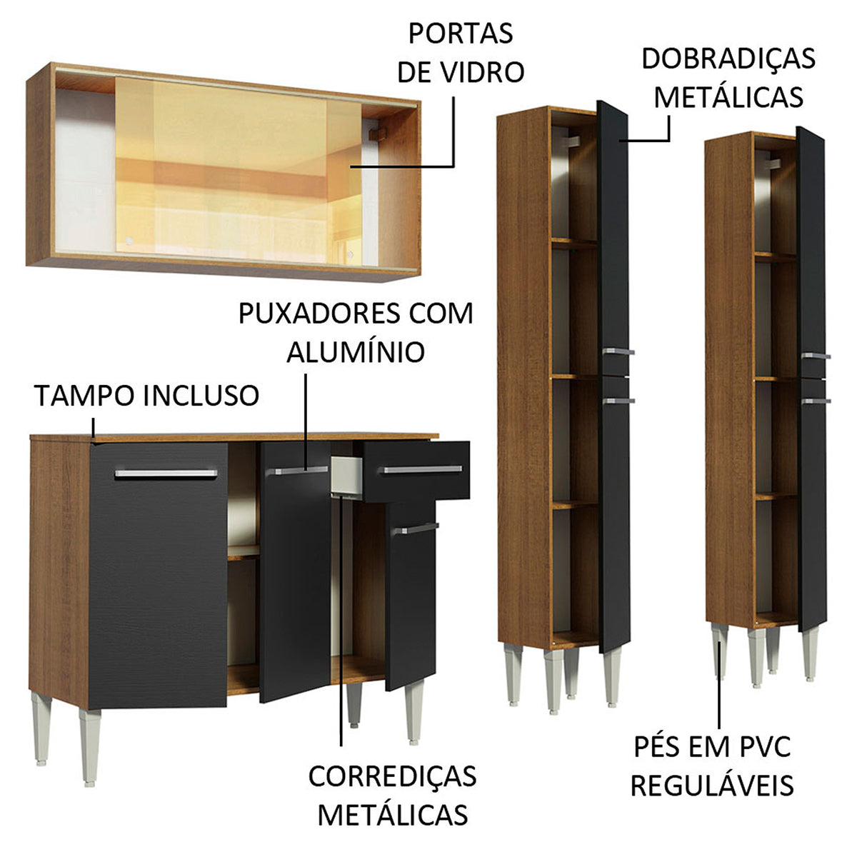 Cocina Integral Emilly Voice Marron y Negro 169x186cm con Mesón y sin Pozuelo - COCINAS | Bylmo