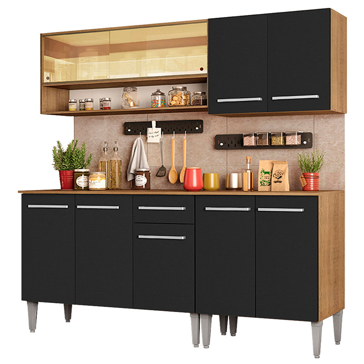 Cocina Integral Emilly Dance Marron y Negro 169x186cm con Mesón y sin Pozuelo - COCINAS | Bylmo