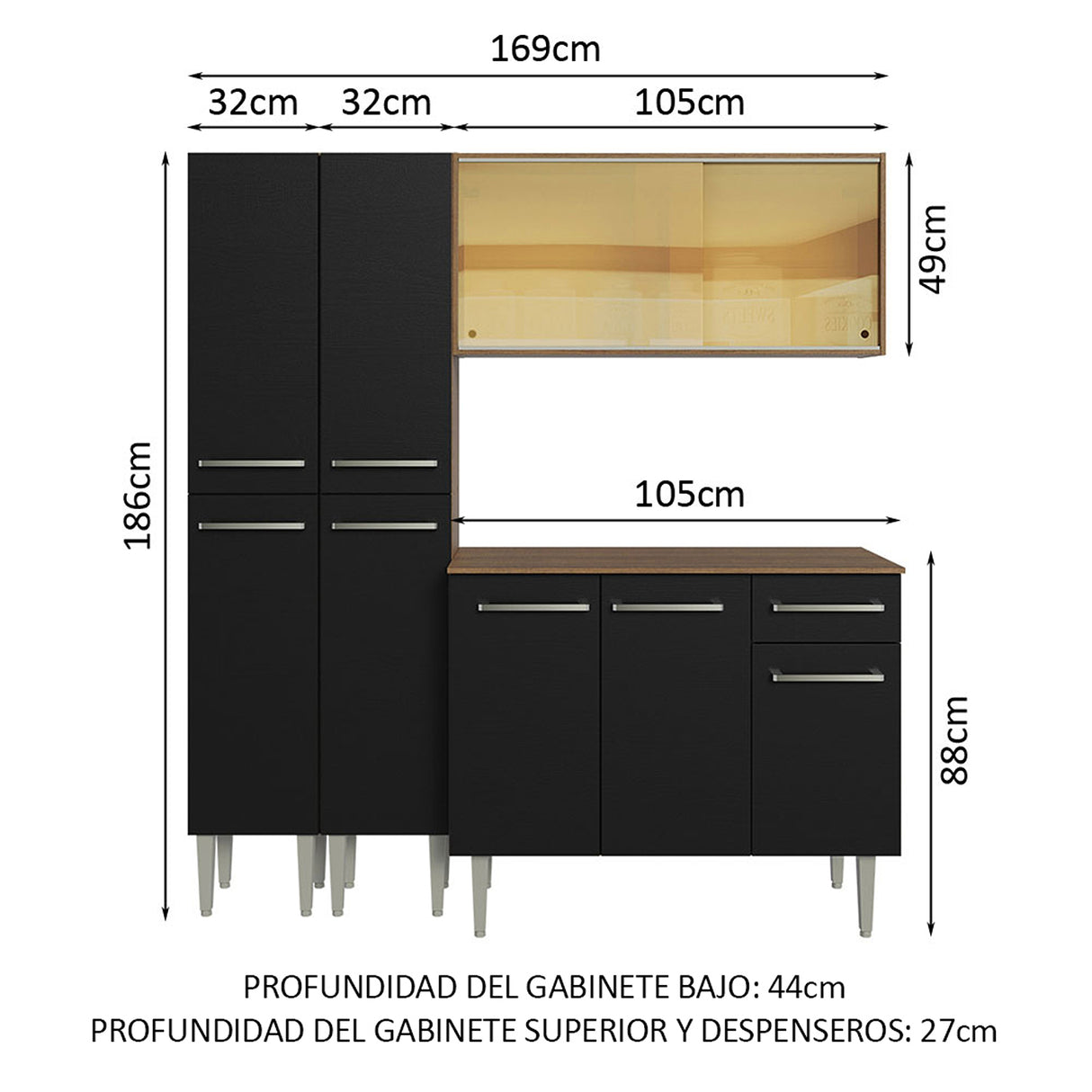 Cocina Integral Emilly 169x186x44 Marron y Negro Moderna Espaciosa y Duradera. - COCINAS | Bylmo