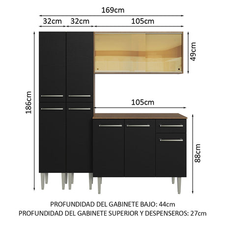 Cocina Integral Emilly 169x186x44 Marron y Negro Moderna Espaciosa y Duradera. - COCINAS | Bylmo