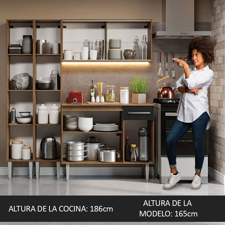 Cocina Integral Emilly 169x186x44 Marron y Negro Moderna Espaciosa y Duradera. - COCINAS | Bylmo