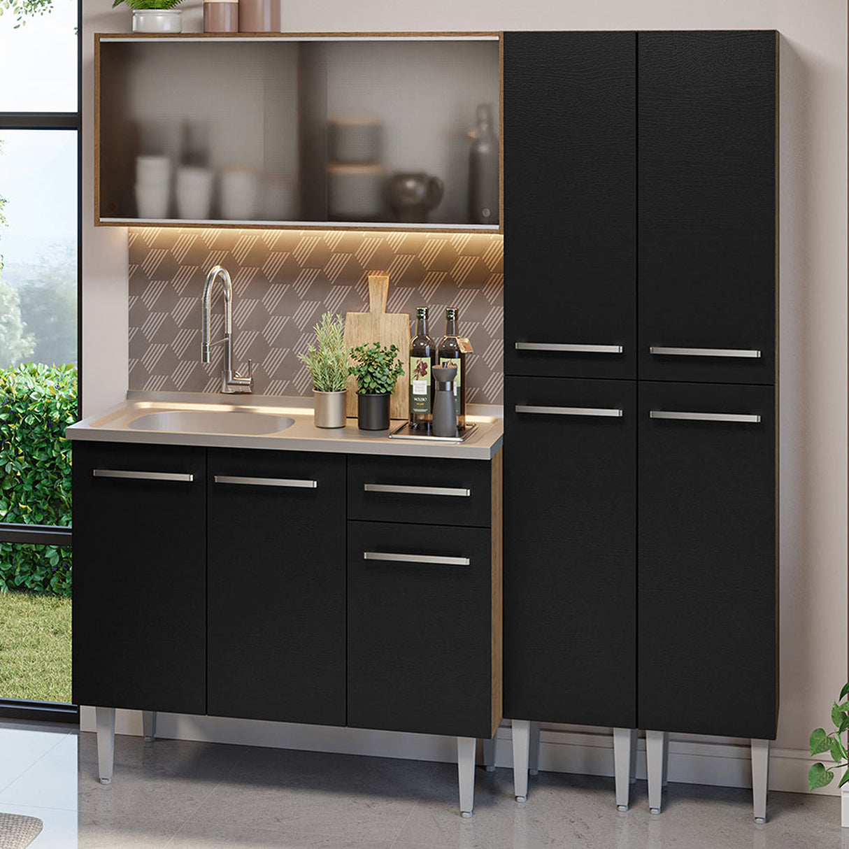 Cocina Integral Emilly 169x186 Marrón y Negro MDP Duradero - COCINAS | Bylmo