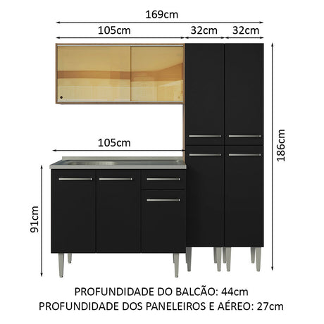 Cocina Integral Emilly 169x186 Marrón y Negro MDP Resistente al agua y al calor Incluye meson de acero inoxidable y pozuelo Moderno - COCINAS | Bylmo