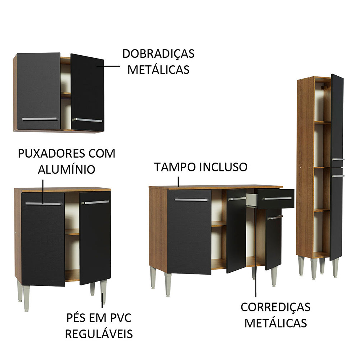 Cocina Integral Emilly Sing Marron y Negro 201x186cm con Mesón y sin Pozuelo - COCINAS | Bylmo