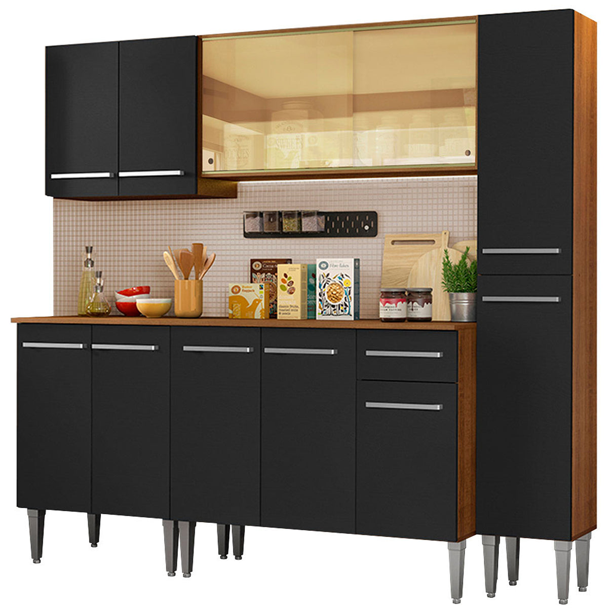 Cocina Integral Emilly West Marron y Negro 201x186cm con Mesón y sin Pozuelo - COCINAS | Bylmo