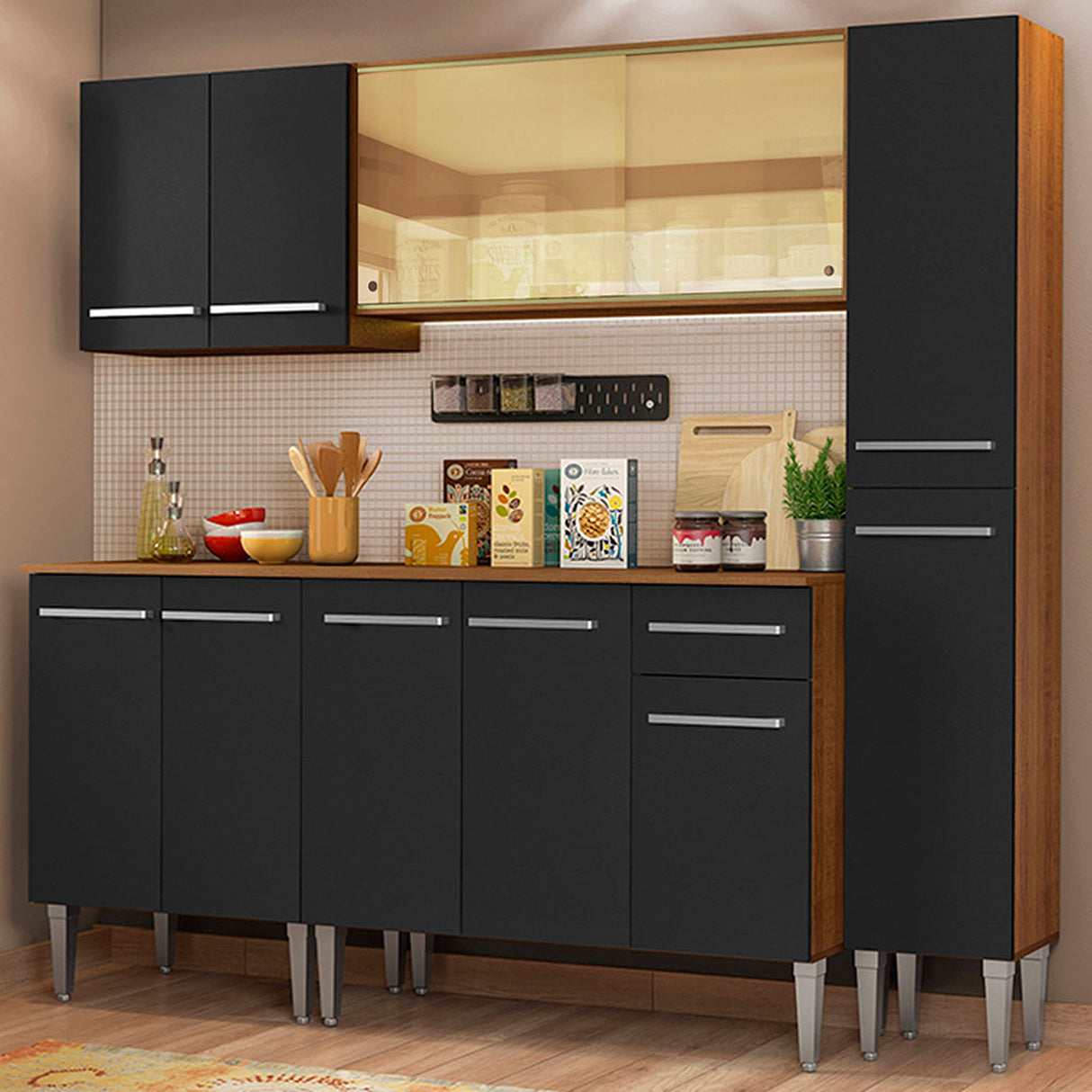 Cocina Integral Emilly West Marron y Negro 201x186cm con Mesón y sin Pozuelo - COCINAS | Bylmo
