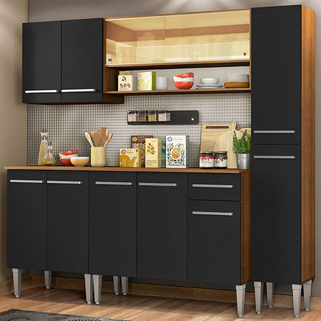Cocina Integral Emilly Sky Marron y Negro 201x186cm con Mesón y sin Pozuelo - COCINAS | Bylmo