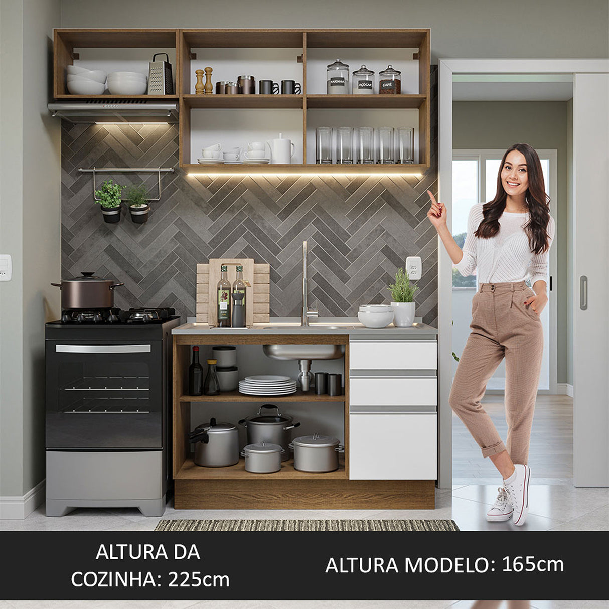 Cocina Integral Glamy Compacta 180x225 cm Marrón y Blanco Resistente y Moderna. - COCINAS | Bylmo