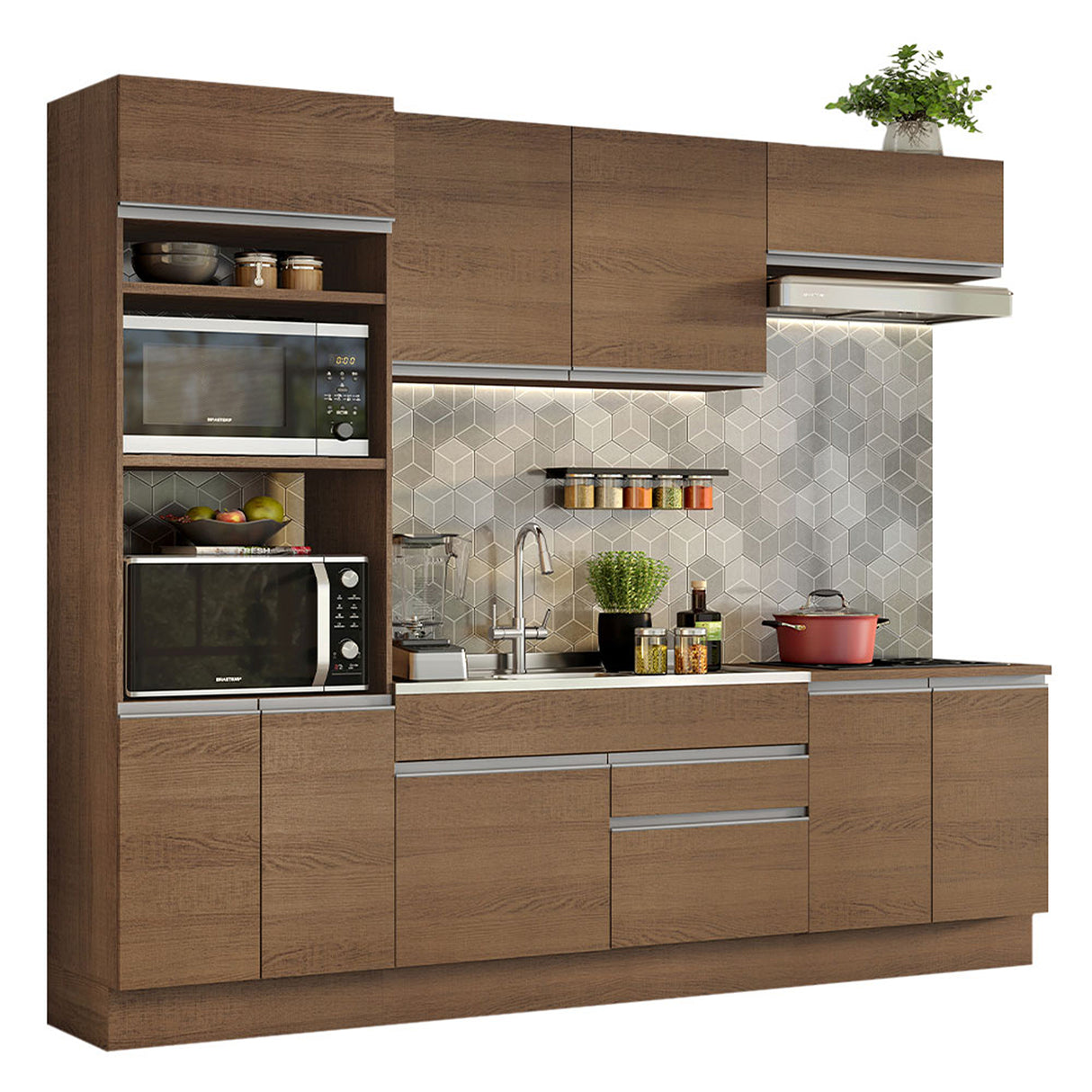 Cocina Integral Glamy 270x225 cm Marrón Moderna MDP Pies regulables de PVC Zócalo extraíble - COCINAS | Bylmo