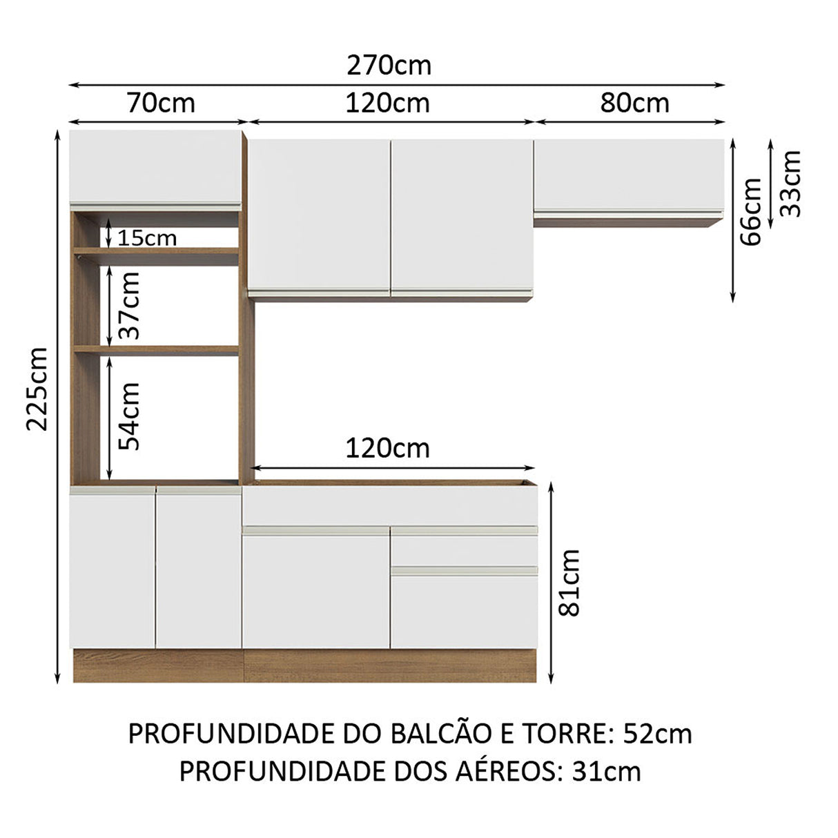 Cocina Integral Glamy 270x225x52 Marrón y Blanco Siete capas Pintura Poliéster - COCINAS | Bylmo