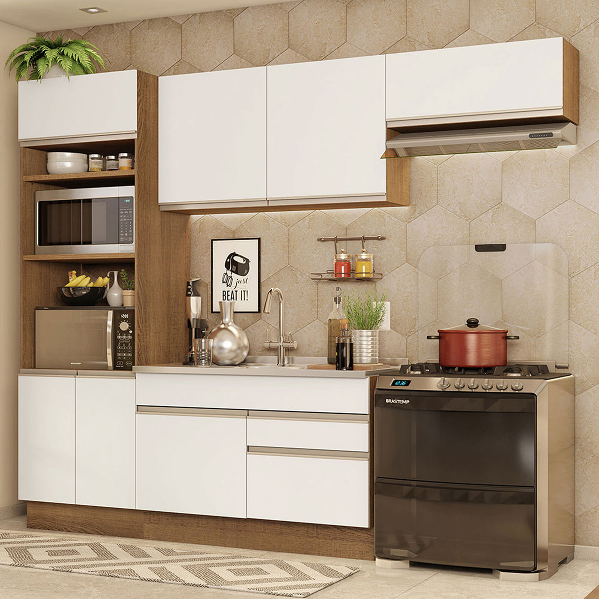 Cocina Integral Glamy 270x225x52 Marrón y Blanco Siete capas Pintura Poliéster - COCINAS | Bylmo