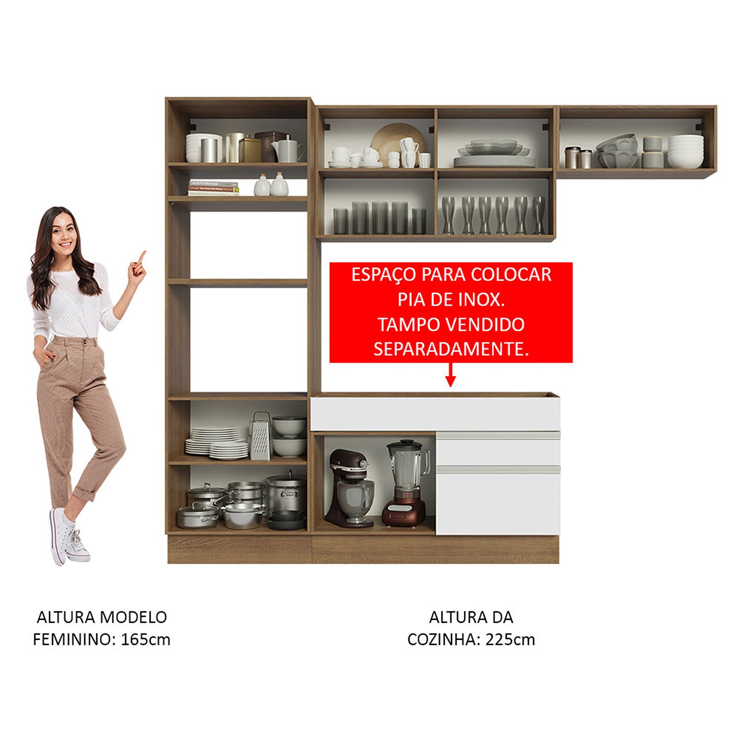 Cocina Integral Glamy 270x225x52 Marrón y Blanco Siete capas Pintura Poliéster - COCINAS | Bylmo