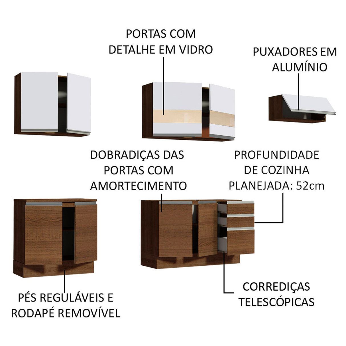 Cocina Integral Marcela Glamy Marron 280x225cm con Mesón sin Pozuelo y Tres Cajones - COCINAS | Bylmo