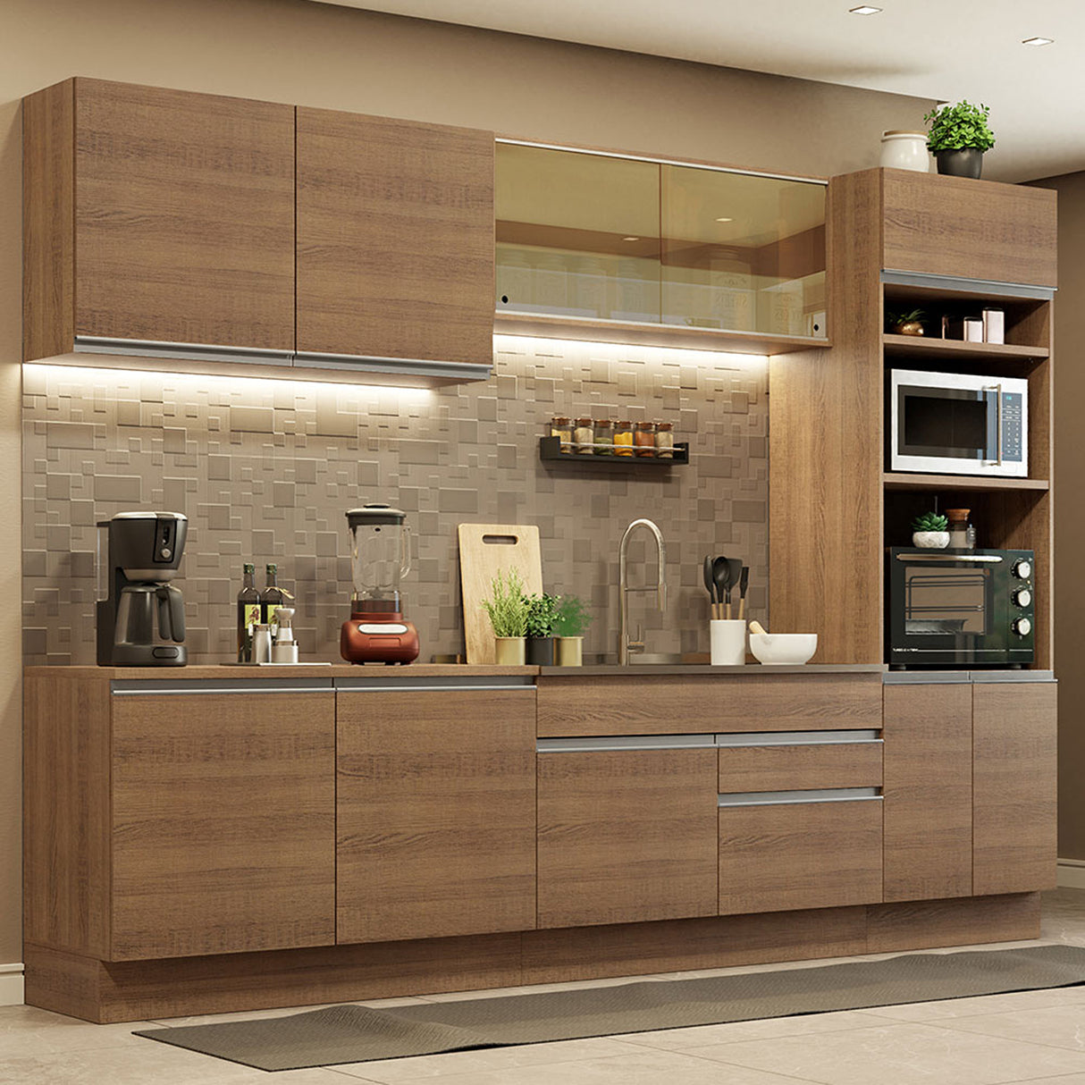 Cocina Integral Glamy Marron 310x225cm con Mesón y sin Pozuelo - COCINAS | Bylmo