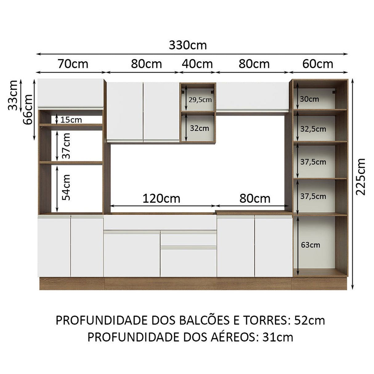 Cocina Integral Glamy Marron y Blanco 330x225cm con Mesón y sin Pozuelo - COCINAS | Bylmo